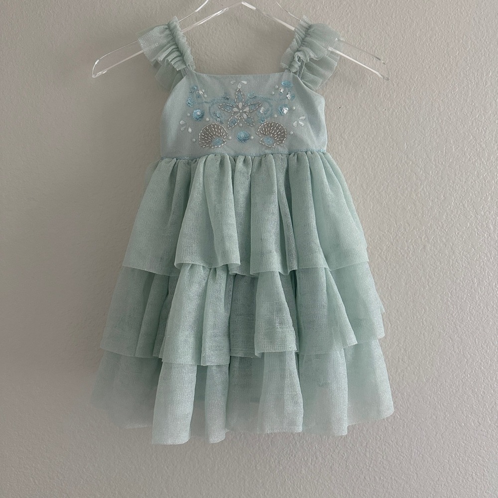 Rachel Zoe Tulle Tiered Dress 4T Mint Green Mermaid Embroidered Ruffle Straps